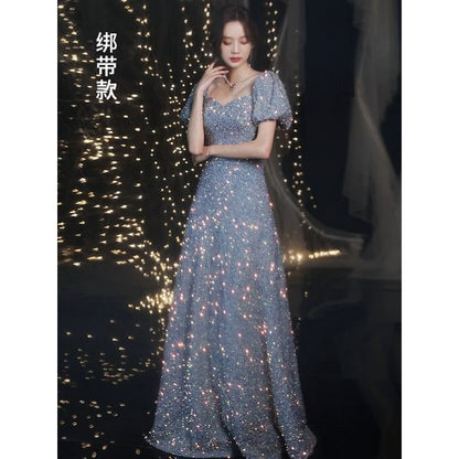 Sequin A-Line Gown Puff-Sleeve Evening