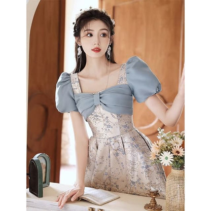 Puff-Sleeve Floral A-Line Evening Gown