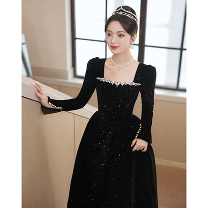 Long-Sleeve Square Neck Sequin A-Line Evening Gown