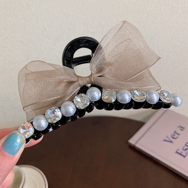 Faux Pearl Rhinestone Bow Hair Claw