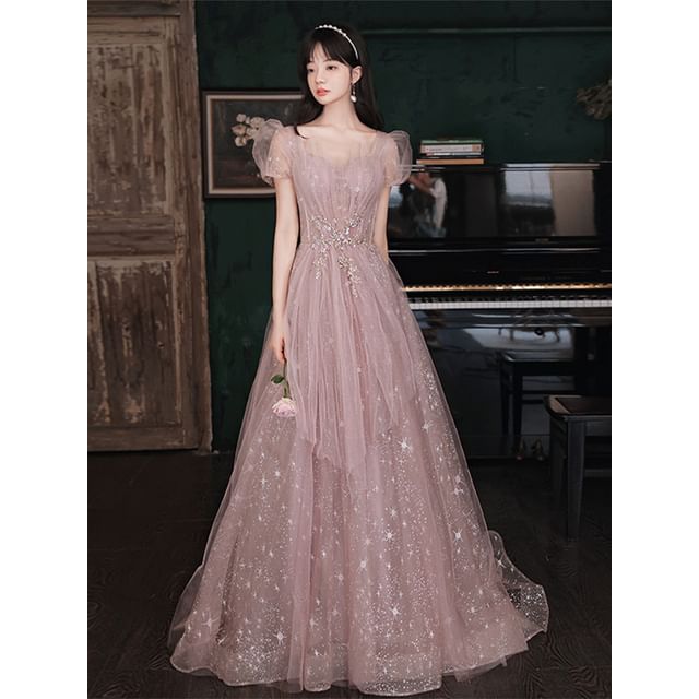 V-Neck A-Line Gown Evening Short-Sleeve Mesh