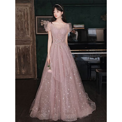 V-Neck A-Line Gown Evening Short-Sleeve Mesh