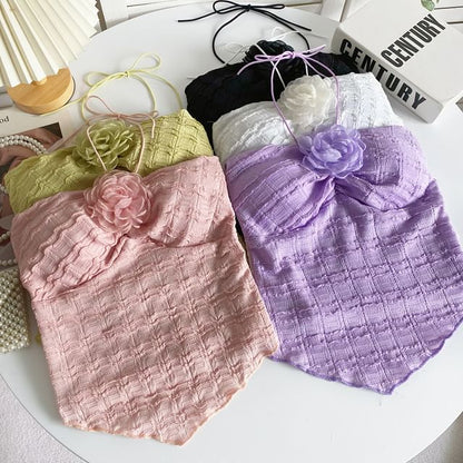 Neckholder-Crop-Top mit Blumen-Akzent und Unifarben