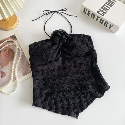 Neckholder-Crop-Top mit Blumen-Akzent und Unifarben