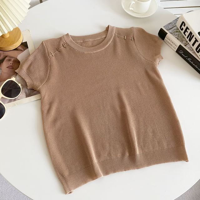 Short-Sleeve Crewneck Plain Knit Top