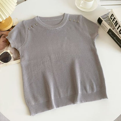 Short-Sleeve Crewneck Plain Knit Top