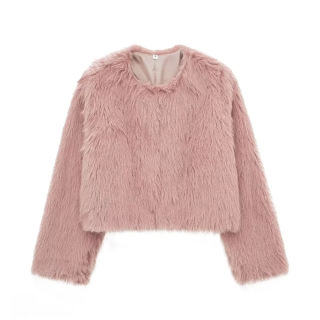 Crew Neck Plain Faux Fur Hook And Eye Jacket
