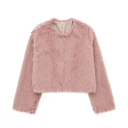 Crew Neck Plain Faux Fur Hook And Eye Jacket