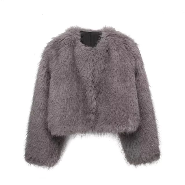 Crew Neck Plain Faux Fur Hook And Eye Jacket