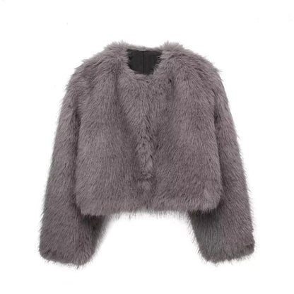 Crew Neck Plain Faux Fur Hook And Eye Jacket