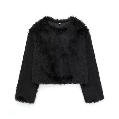 Crew Neck Plain Faux Fur Hook And Eye Jacket