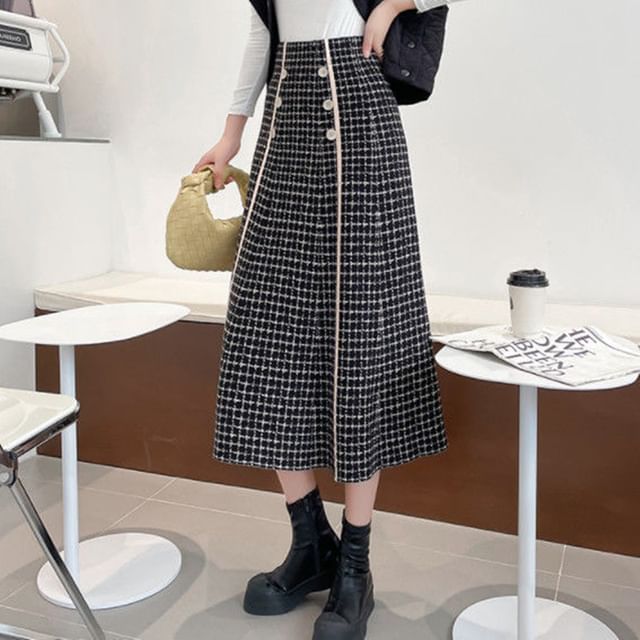 Waist High Skirt Midi Plaid Knit A-Line