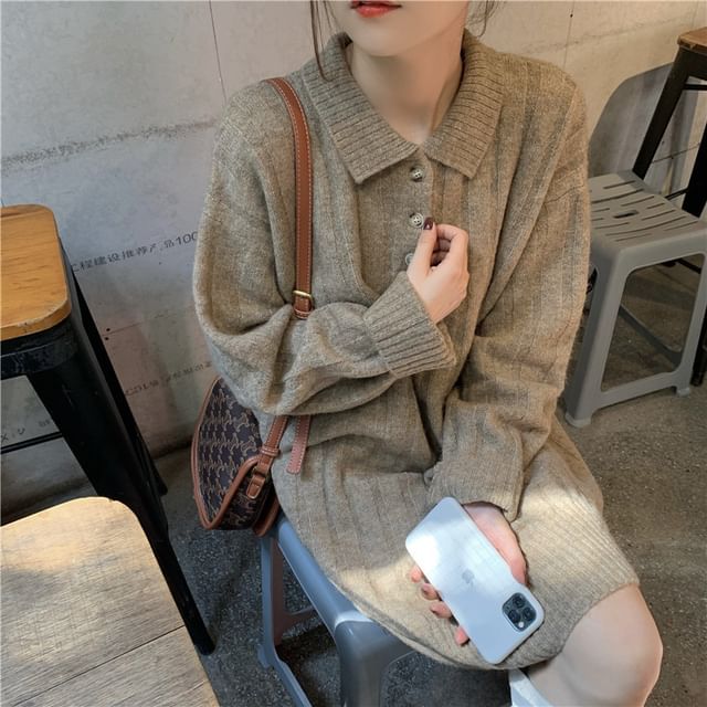 Plain Dress Long-Sleeve Polo-Neck Mini Sweater