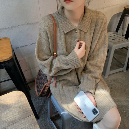 Plain Dress Long-Sleeve Polo-Neck Mini Sweater