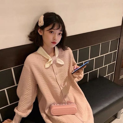 Midi Plain Knit Dress Tie-Neck Button-Up Puff-Sleeve