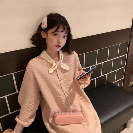 Midi Plain Knit Dress Tie-Neck Button-Up Puff-Sleeve