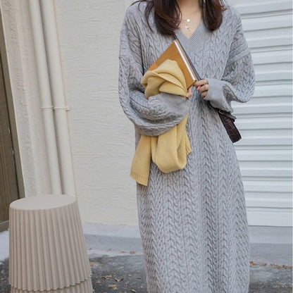 Long-Sleeve V-Neck Plain Midi Sweater Dress