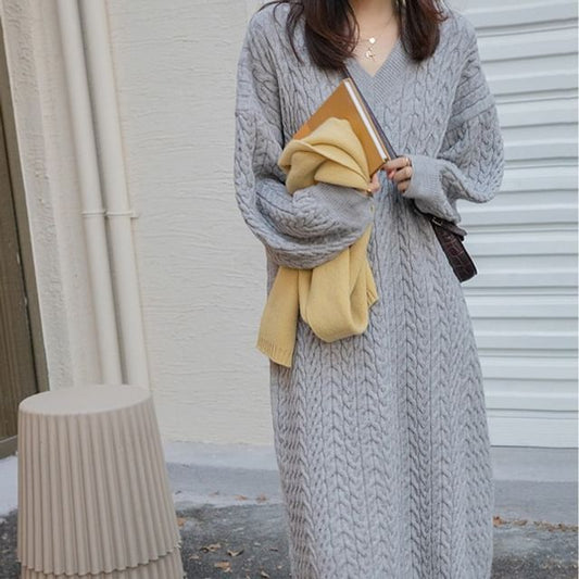 Long-Sleeve V-Neck Plain Midi Sweater Dress