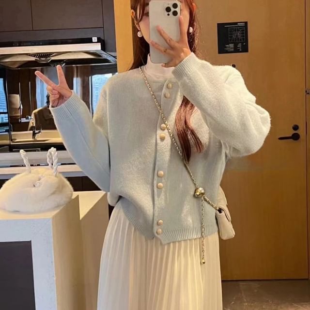 Cardigan Faux Plain Pearl Buttoned