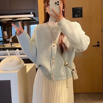 Cardigan Faux Plain Pearl Buttoned