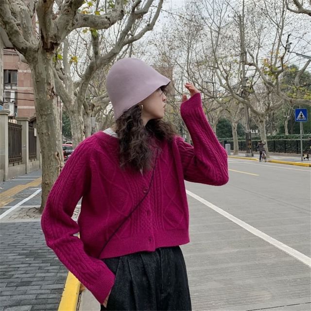 Knit Cardigan Button-Up Cable Plain