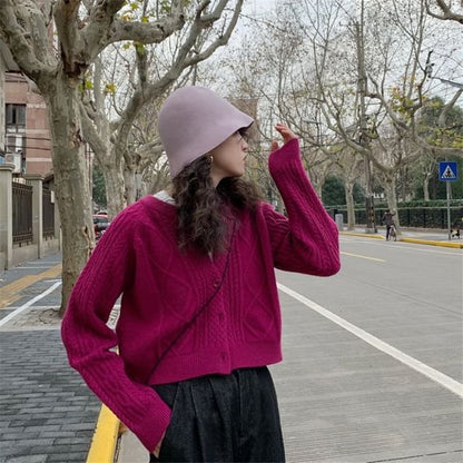 Knit Cardigan Button-Up Cable Plain