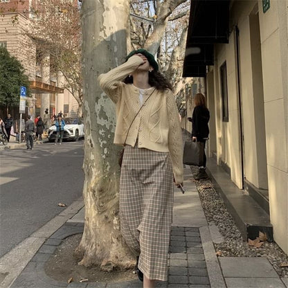 Knit Cardigan Button-Up Cable Plain