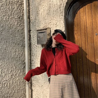 Knit Cardigan Button-Up Cable Plain