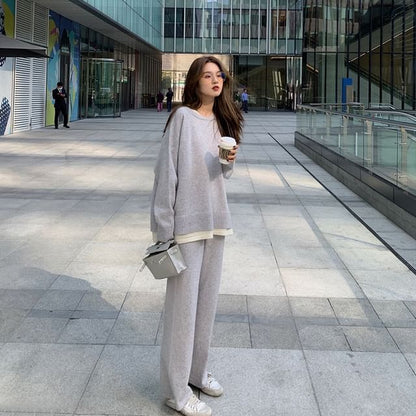 Two-Tone Set: + Pants High Leg Crew Long-Sleeve Waist T-Shirt Wide Neck