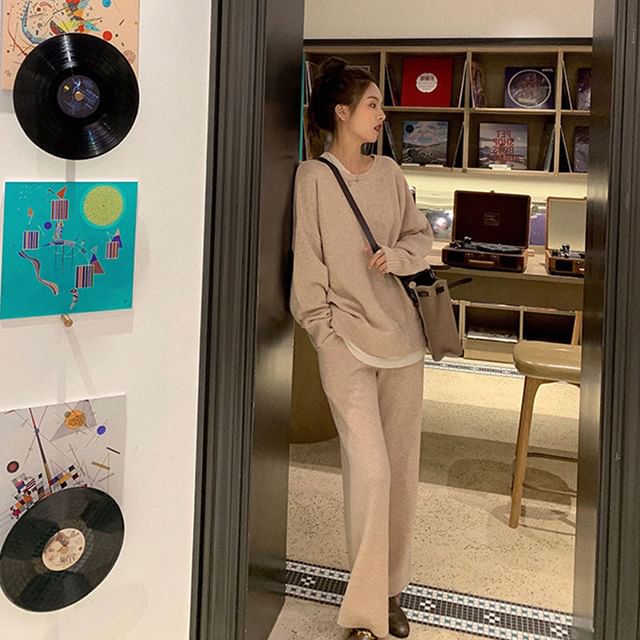 Two-Tone Set: + Pants High Leg Crew Long-Sleeve Waist T-Shirt Wide Neck