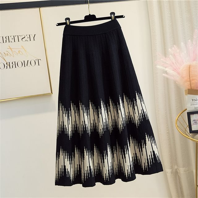 Skirt Waist Knit Midi Printed High A-Line