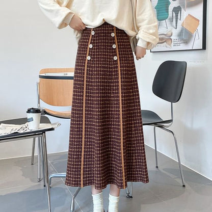 Waist High Skirt Midi Plaid Knit A-Line