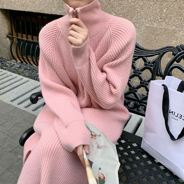Midi Ribbed Sweater Dress Plain Long-Sleeve Half-Zip