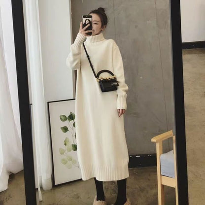 Long-Sleeve Turtleneck Plain Midi Sweater Dress
