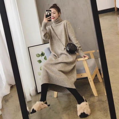 Long-Sleeve Turtleneck Plain Midi Sweater Dress