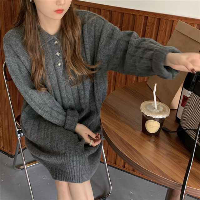 Plain Dress Long-Sleeve Polo-Neck Mini Sweater