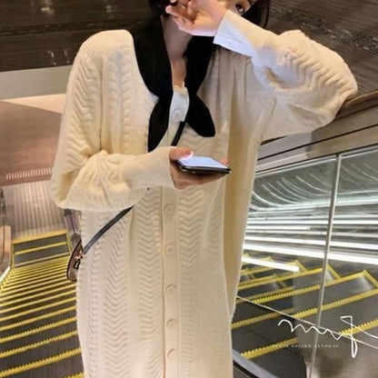 Midi Plain Knit Dress Tie-Neck Button-Up Puff-Sleeve