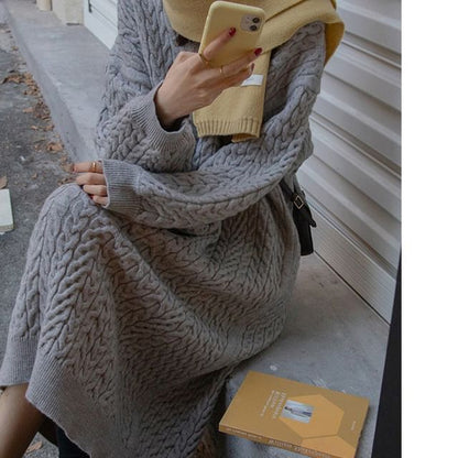 Long-Sleeve V-Neck Plain Midi Sweater Dress