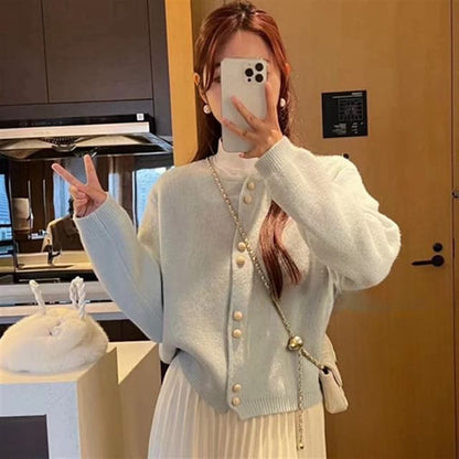 Cardigan Faux Plain Pearl Buttoned