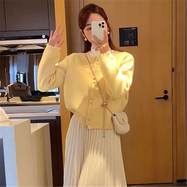 Cardigan Faux Plain Pearl Buttoned