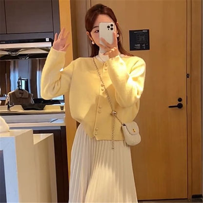 Cardigan Faux Plain Pearl Buttoned