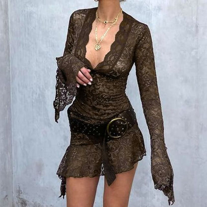 V-Neck Lace Mini Bodycon Long-Sleeve Dress