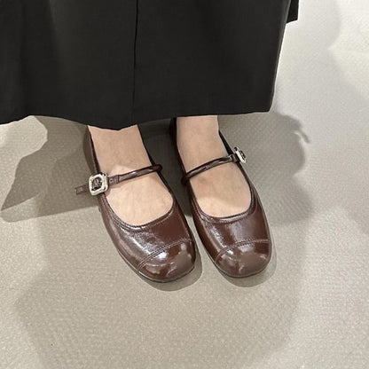 Plain Buckled Faux Leather Mary Jane Flats