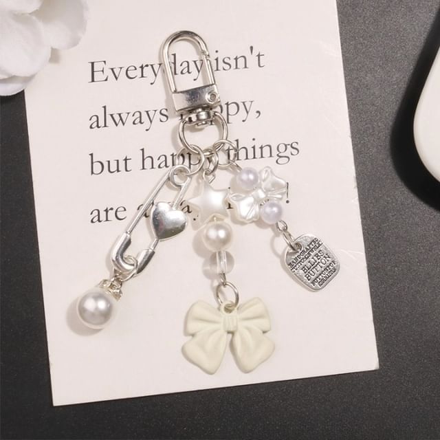 Bow Faux Pearl Acrylic Alloy Bag Charm Keyring (Various Designs)