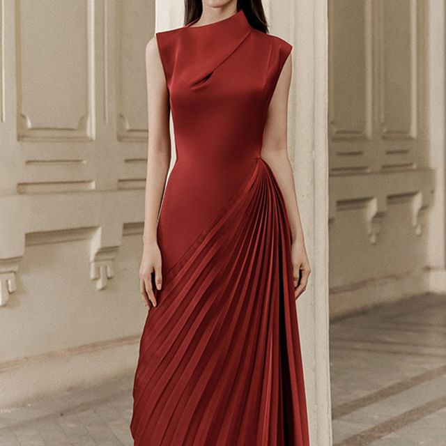 Sleeveless Plain Asymmetrical Pleated Sheath Evening Dress