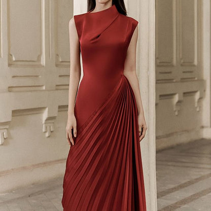 Sleeveless Plain Asymmetrical Pleated Sheath Evening Dress