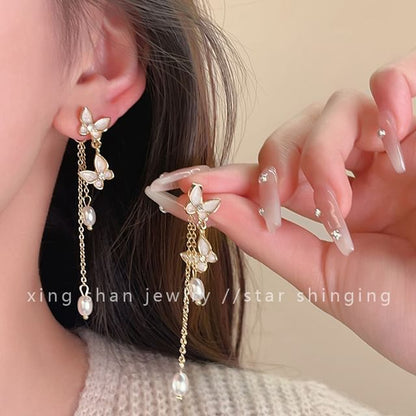 Pearl Drop Earring / Butterfly On Faux Clip