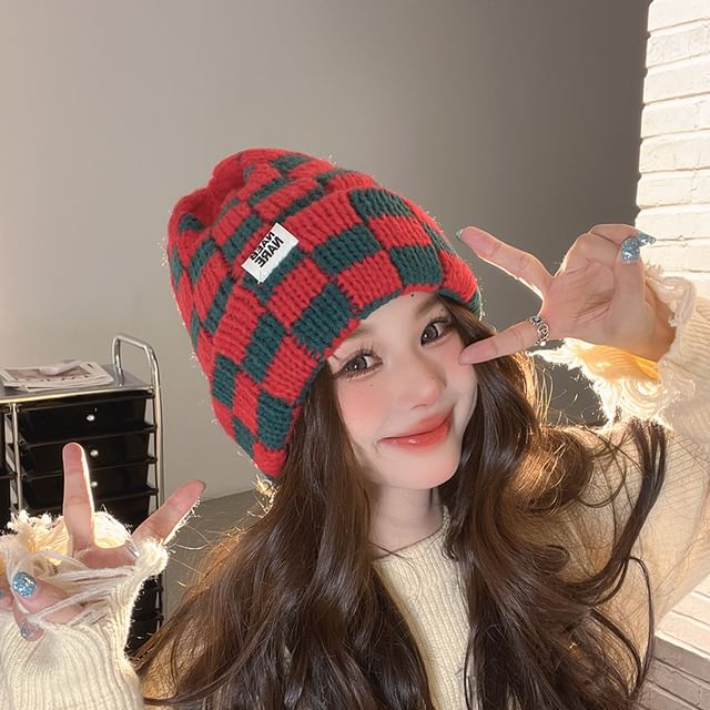 Lettering Applique Checker Knit Beanie