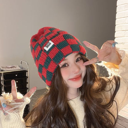 Lettering Applique Checker Knit Beanie
