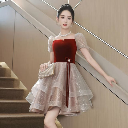 / Gown A-Line Panel Velvet Dress Cocktail Mesh Square Ruffle Short-Sleeve Evening Neck